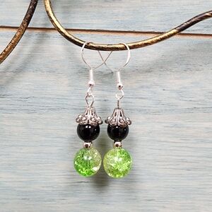Hand Crafted Dangle Earrings With Black & Crackled Green Glass Beads